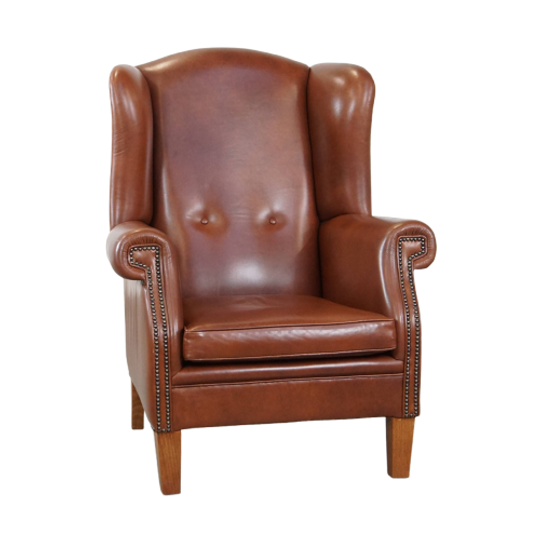 In Goede Staat Verkerende, Grote Cognac-kleurige Rundleren Oorfauteuil In Engelse Stijl 1
