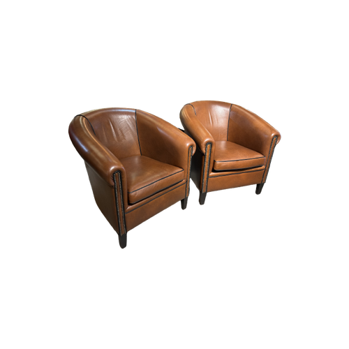 2 X Engelse Chesterfield Clubfauteuils Bruin Rundleer