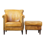 Comfortabele, Luxe Rundleren Fauteuil/armchair + Hocker Met Een Correcte Afwerking Met Siernagels thumbnail 1