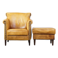Comfortabele, Luxe Rundleren Fauteuil/armchair + Hocker Met Een Correcte Afwerking Met Siernagels