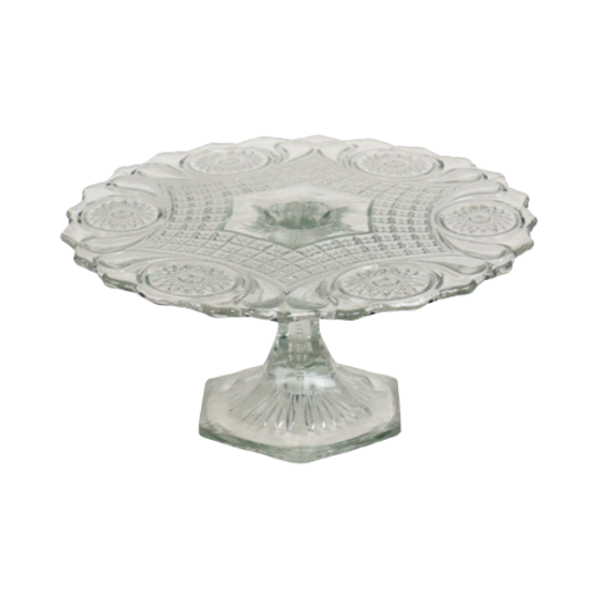 Heldere Art Deco Taartplateau Geperst Glas Stermotief Taartstandaard 1