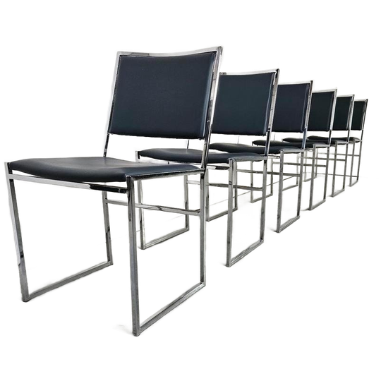 Vintage Blauw Leren Stoelen, Chrome Frames 1