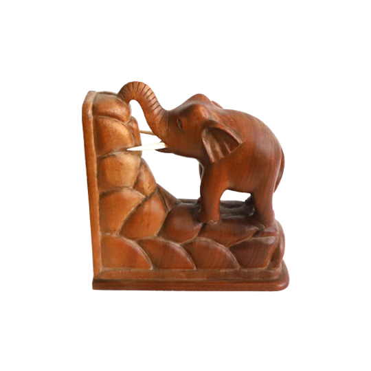 Vintage Houten Boekensteun Met Olifant, Jaren '70 1