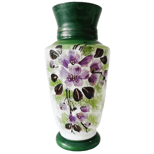 Antieke Victoriaanse Opaline Vaas Handgeschilderd Groen Bloemen 1900’s 1