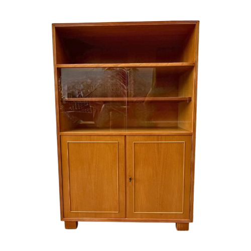 Vintage Hoge Kast - Licht Hout - Met Vitrine En Deurtjes