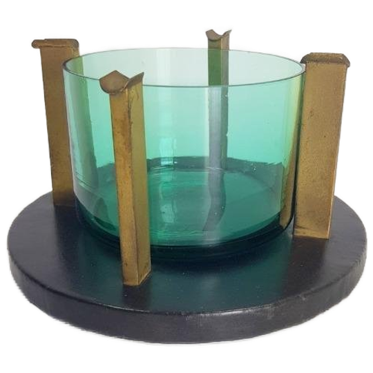 Vintage Art Deco Asbak Kristal Messing Leer Mid Century ´60 1