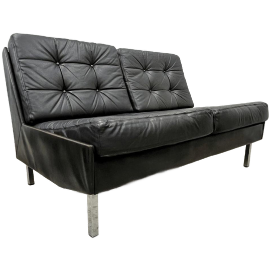 Vintage 2-zits Bank - Zwart Leder, Chroom – Profilia '70 1