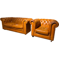 Engelse Bendic Chesterfield 2 Zits Bank + Clubfauteuil In Cognac Leder