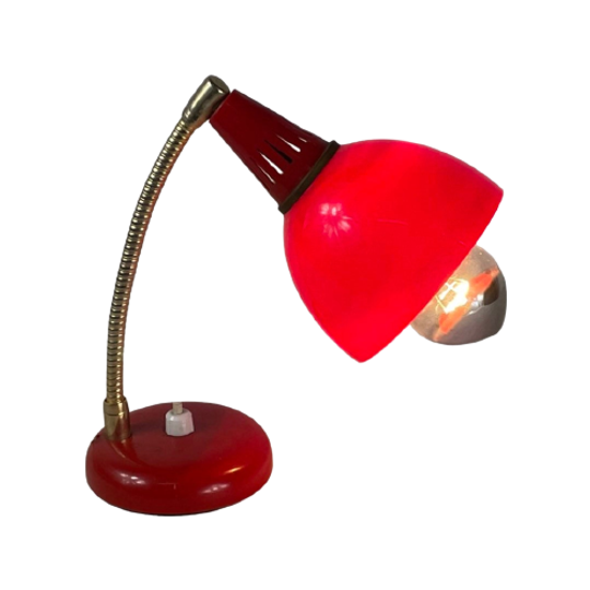Vintage - Red Desklamp - Unknown Design - Brass Neck 1