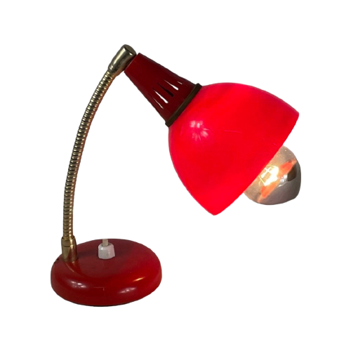 Vintage - Red Desklamp - Unknown Design - Brass Neck