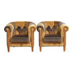 Unieke Set Van 2 In Goede Staat Verkerende Stoffen Patchwork Chesterfield Clubfauteuils thumbnail 1