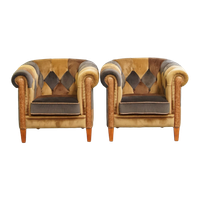 Unieke Set Van 2 In Goede Staat Verkerende Stoffen Patchwork Chesterfield Clubfauteuils