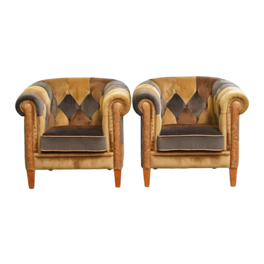 Unieke Set Van 2 In Goede Staat Verkerende Stoffen Patchwork Chesterfield Clubfauteuils 1
