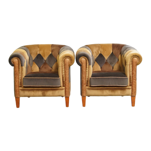 Unieke Set Van 2 In Goede Staat Verkerende Stoffen Patchwork Chesterfield Clubfauteuils