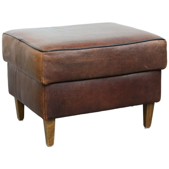 Stoere Vintage Schapenleren Hocker In Een Mooi Groot Formaat Met Zwarte Biezen 1