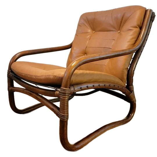 Vintage Rotan Fauteuil Met Leren Kussens Uit 1970 1