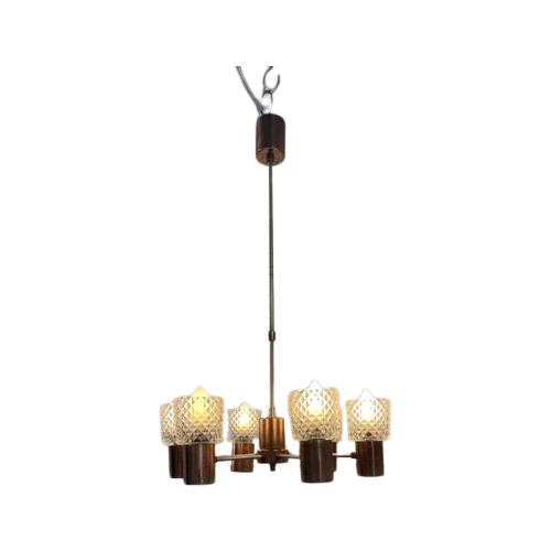 Vintage Sputnik Lamp , 6 Messing Armen En Glazen Kappen.