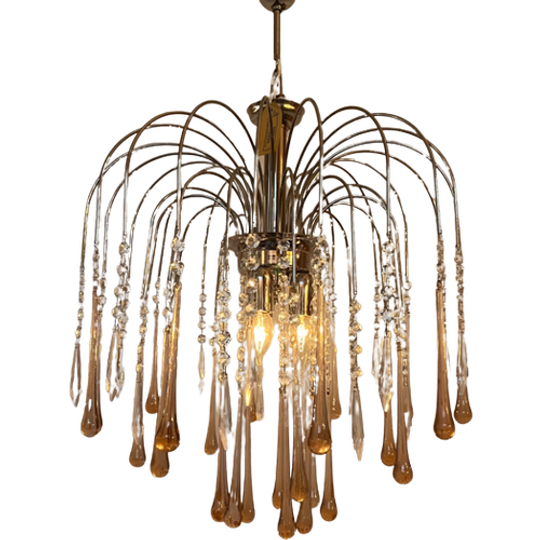 Vintage Chrome Kroonluchter Hanglamp Roze Murano Teardrops Kristal 1