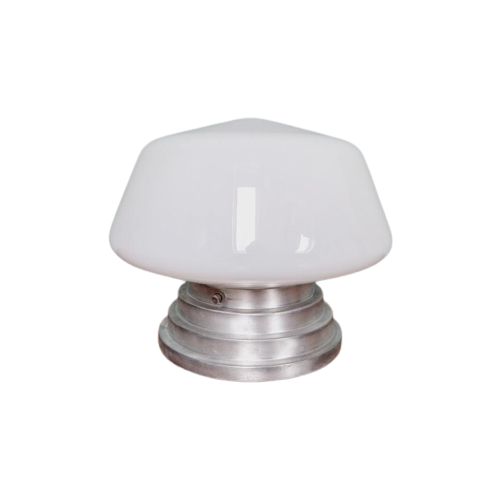 Art Deco Plafondlamp Met Een Conische Wereldbol In Witte Opaline