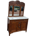 Antiek Eiken Wastafel, Kaptafel Of Commode Met Wit Marmer Blad En Spiegelopstand thumbnail 1
