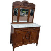 Antiek Eiken Wastafel, Kaptafel Of Commode Met Wit Marmer Blad En Spiegelopstand