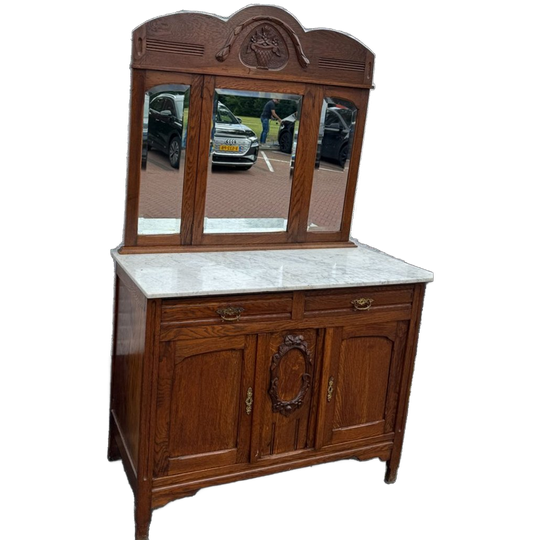 Antiek Eiken Wastafel, Kaptafel Of Commode Met Wit Marmer Blad En Spiegelopstand 1