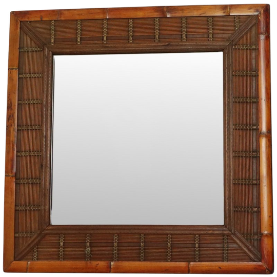Vintage Vierkante Bamboe En Rotan Spiegel Boho 70cm 1