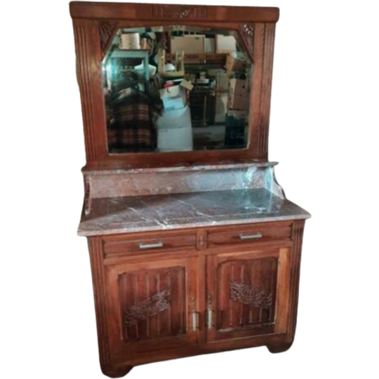 Eiken Commode Bruin Marmer En Geslepen Spiegel 1