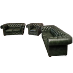 Chesterfield Brighton Antiek Groen – 1+2+3-Zits Bankset Met Salontafel thumbnail 1