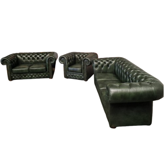 Chesterfield Brighton Antiek Groen – 1+2+3-Zits Bankset Met Salontafel 1