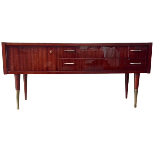 Vintage, Laag Dressoir In Roodbruin Mahonie Hout + Messing 1
