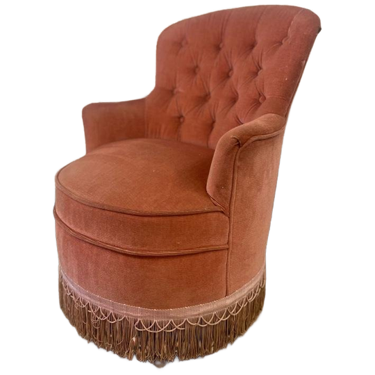 Vintage Roze Eenzit / Fauteuil /crapaud Zeteltje Met Franjes 1
