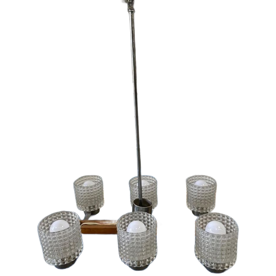 Vintage Plafondlamp / Luster : Glas & Chroom & Hout 1