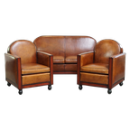 Unieke En Complete Set Van Twee Cognac Kleurige, Schapenleren Art Deco Fauteuils En Bank thumbnail 1