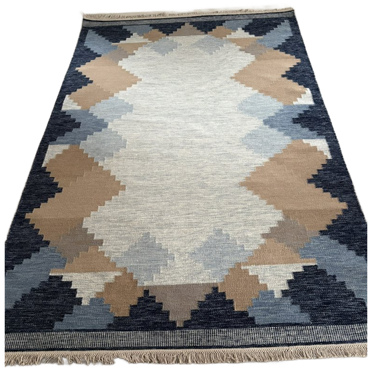 Handgeweven Groot (3x2m) Wollen Vloerkleed Rollakan Blauw En Beige Geometrische Patronen 1