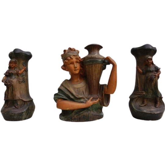 Art Nouveau Gipsen Buste En 2 Vazen, P. Balestra 1