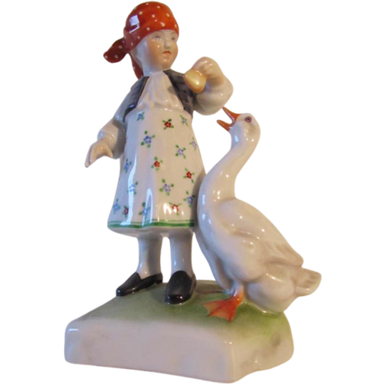 Porseleinen Beeld Herend, Meisje Met Gans 1