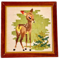 Vintage Geborduurd Schilderij Bambie Hertje Vintage Jaren 60