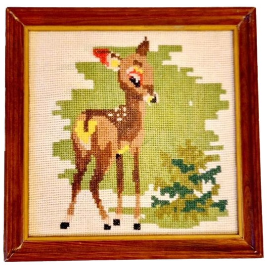 Vintage Geborduurd Schilderij Bambie Hertje Vintage Jaren 60 1