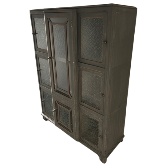 Vintage Kast Brocante - Grijs Met Bewerkt Glas 1