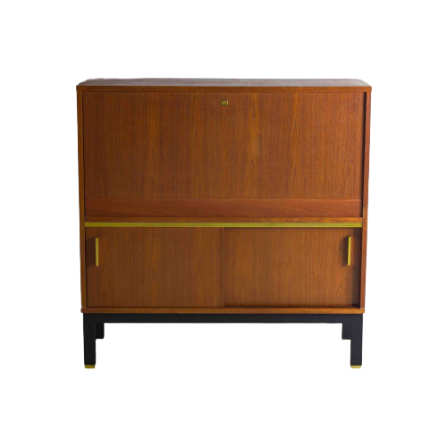 Mid-Century Barkast In Vintage Teak Met Messing Accenten