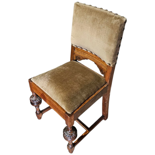 Jacobean / Tudor Style / Oak Chairs / Green Velvet / 1930s 1