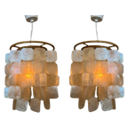 Set Van 2 Capiz Schelpen Hanglamp Lampen Schelp Parelmoer Bamboe Frame Wit Bedrading thumbnail 1