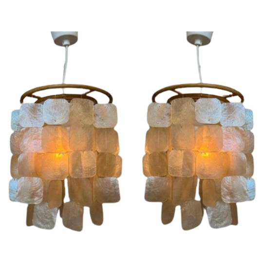 Set Van 2 Capiz Schelpen Hanglamp Lampen Schelp Parelmoer Bamboe Frame Wit Bedrading 1