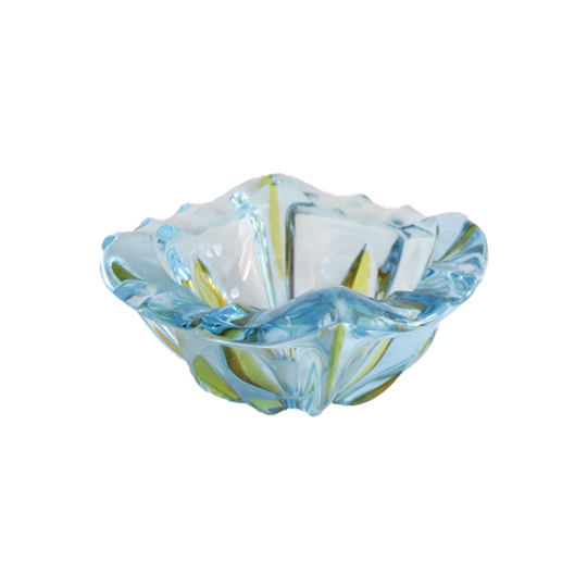 Vintage Glazen Asbak In Blauw Met Geel, Jaren '70 1