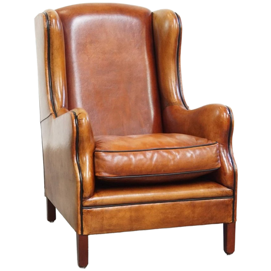 Karaktervolle Schapenleren Oorfauteuil/ Armchair Met Een Tijdloos Design En Zwarte Biezen 1