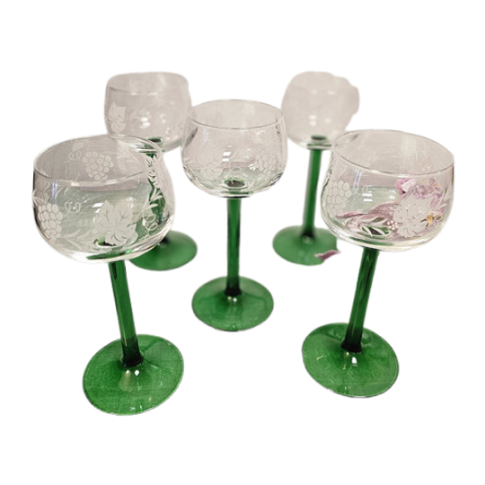 Vintage Luminarc Wijnglazen Groene Steel Gegraveerde Kelk (set Van 5) 1