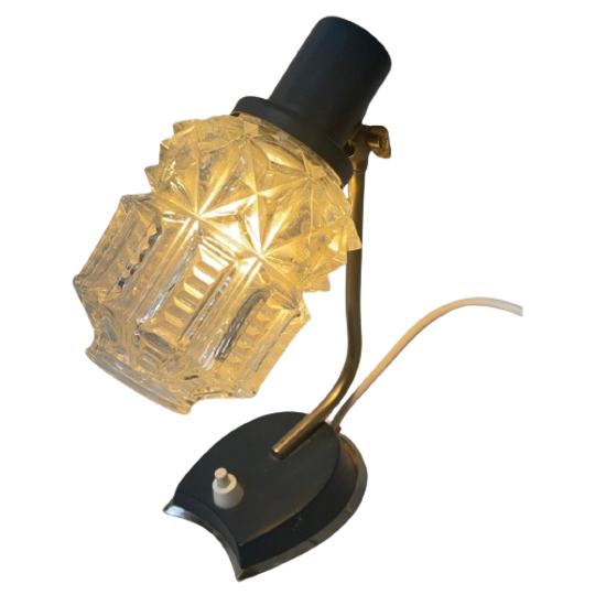 Ca. 1950 - Night Lamp Or Desk Lamp - Rewired - Blue Metal Base And Pressed Glass Shade 1