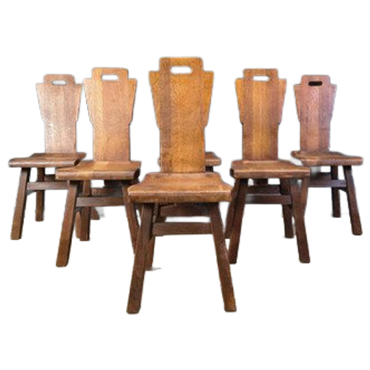 Vintage Oak Brutalist Chairs, 1970s Set Of 6 1
