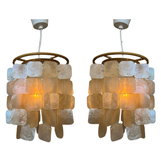 Set Van 2 Capiz Schelpen Hanglamp Lampen Schelp Parelmoer Bamboe Frame Wit Bedrading 1